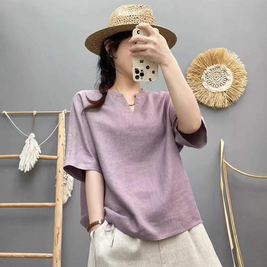 Femme Let V-Udskæring Linned Top Stilla