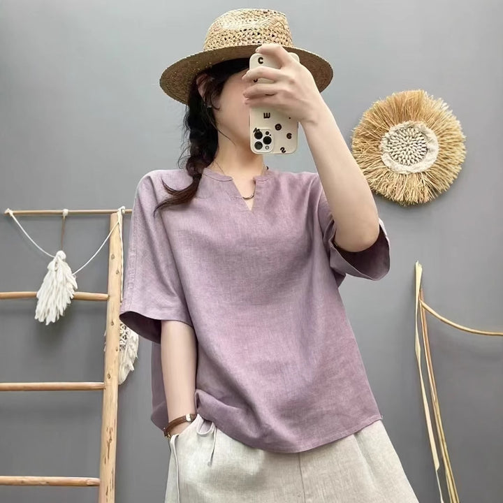 Femme Let V-Udskæring Linned Top Stilla