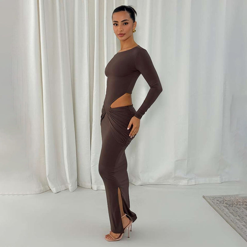 Dame Figurtilpasset Maxikjole med transparente Cut-Outs og Rynker Skovae