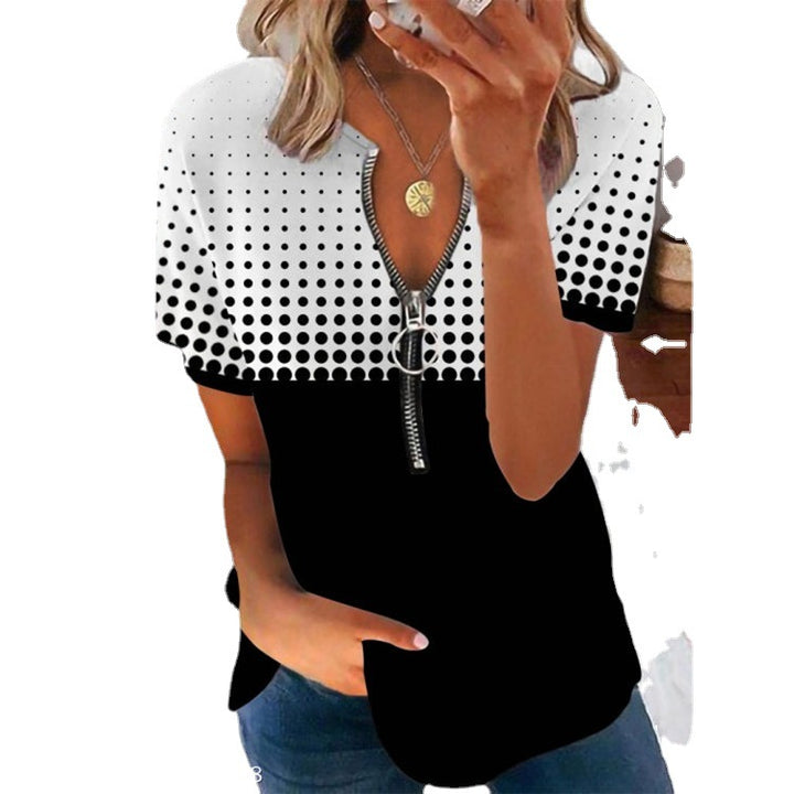 Dame Mode Kortærmet T-shirt med Lynlås og Prikkedesign Stilla