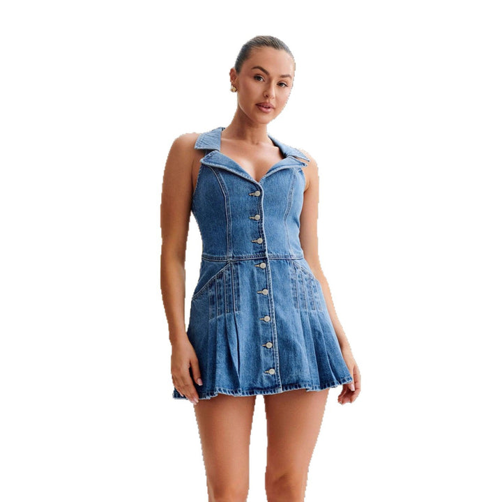 Dame jeans kjole i tilpasset snit med klassisk krave og knapstolpe Skovae