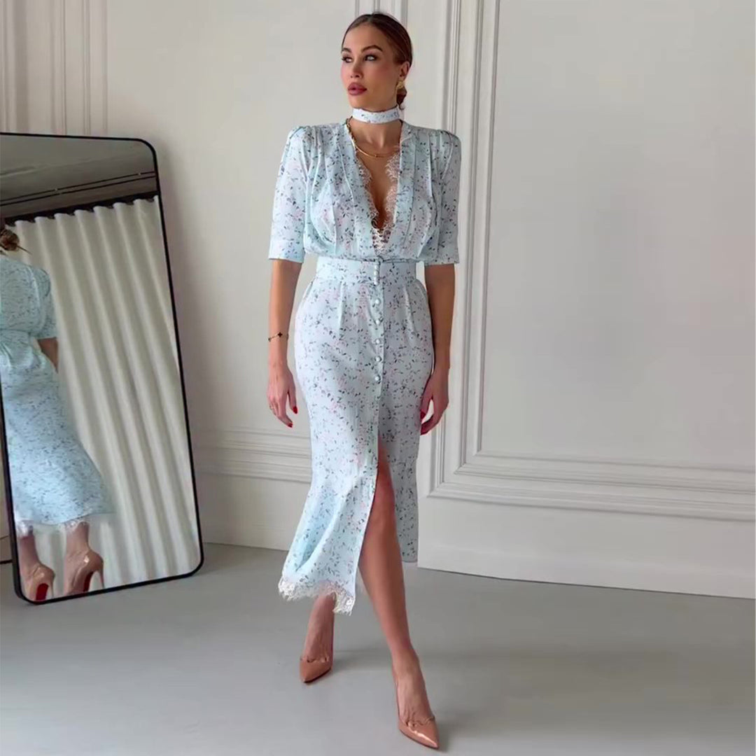 Dame Elegant Midi Kjole med Glitrende Chiffon og Dyb V-Udskæring