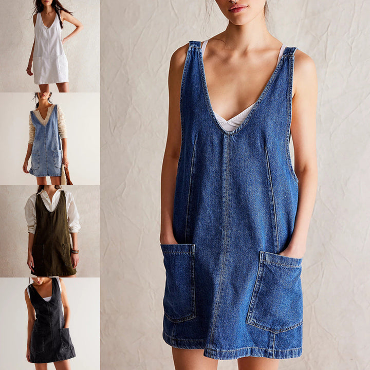Stilla | Denim Strop Pocket Justerbar Mini Kjole