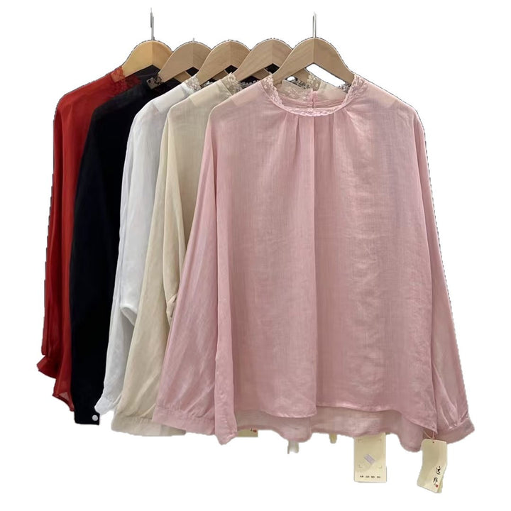 Femme Elegante Gennemsigtig Langærmet Bluse med Spidsapplikationer Stilla