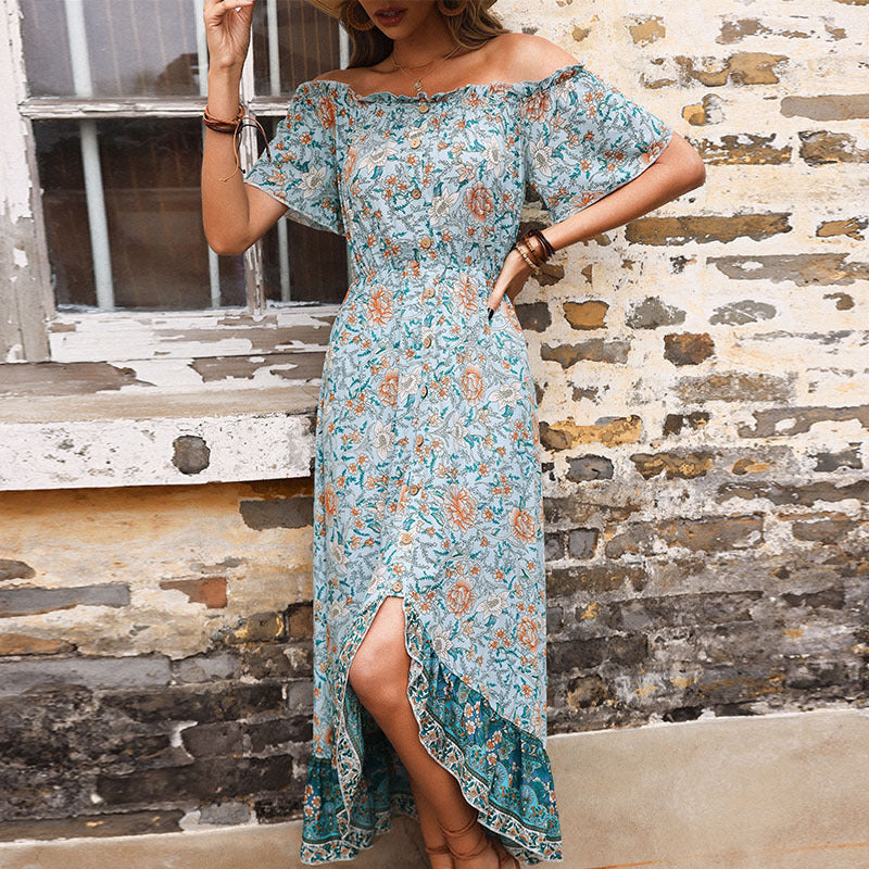 Dame Off-Shoulder Blomst Maxi Kjole med Flæsekant Stilla