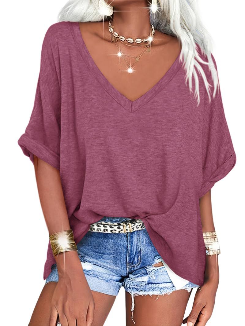 Dame afslappet V-hals T-shirt med oversized snit og plisseret detalje Stilla