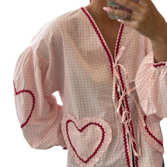 Dame Oversized Bluse med hjerteapplikationer og flæse detaljer Stilla