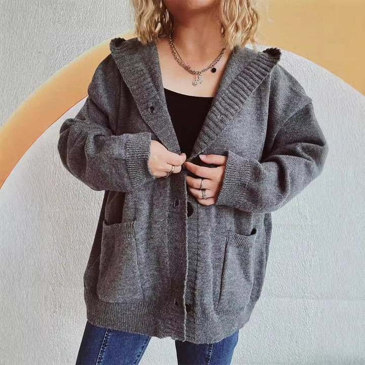 Damer hyggelig cardigan med hætte og klaplommer Stilla