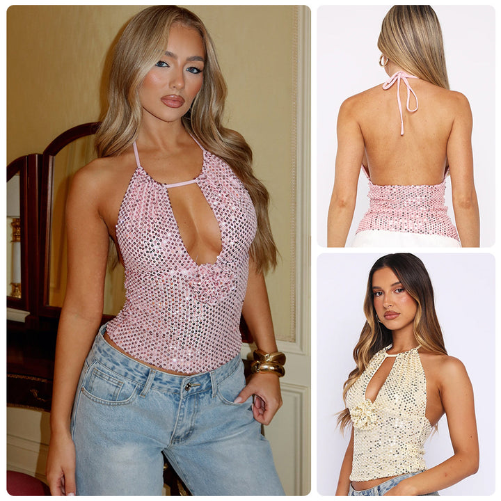 Kvindelig glamureret blonde top med glitrende paletter og elegant design om halsen