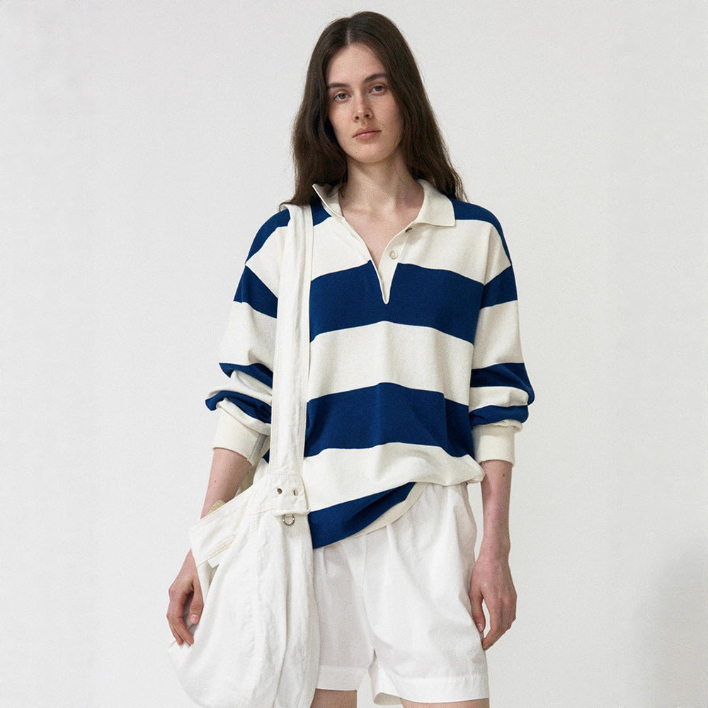 Dame Casual Polo Shirt med Stribet Design og Lange Ærmer Stilla