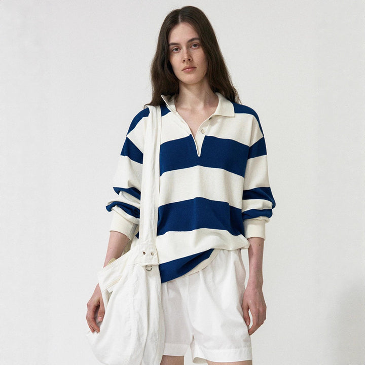 Dame Casual Polo Shirt med Stribet Design og Lange Ærmer Stilla