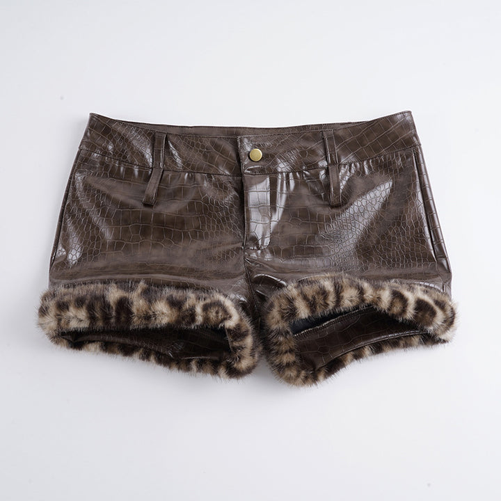 Dame læder-shorts med leoparddetaljer Skovae