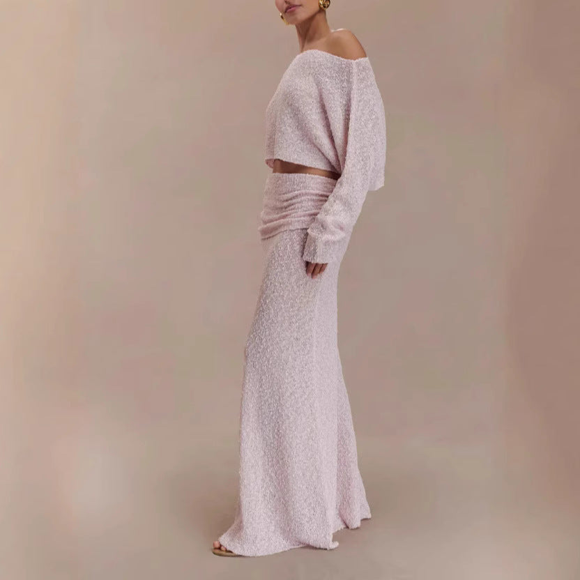 Dame Strik Crop Top og Maxiskørt Sæt med sideløsning og trendy Ribstruktur Stilla