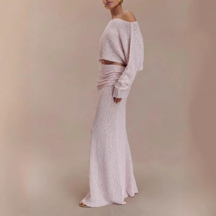 Dame Strik Crop Top og Maxiskørt Sæt med sideløsning og trendy Ribstruktur Stilla