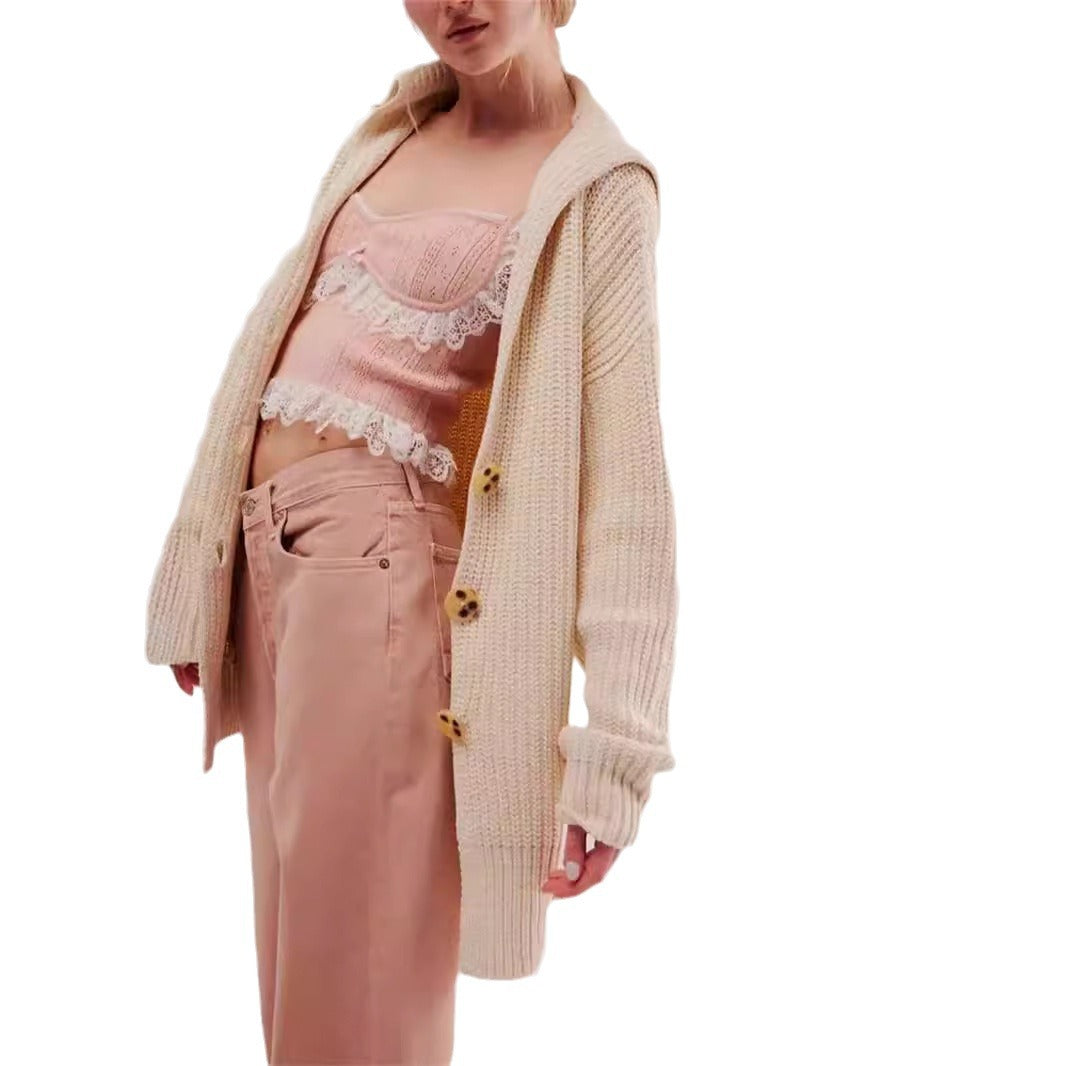 Kvinders chunky strik cardigan med moderne reverskrave og dekorative knapper Stilla