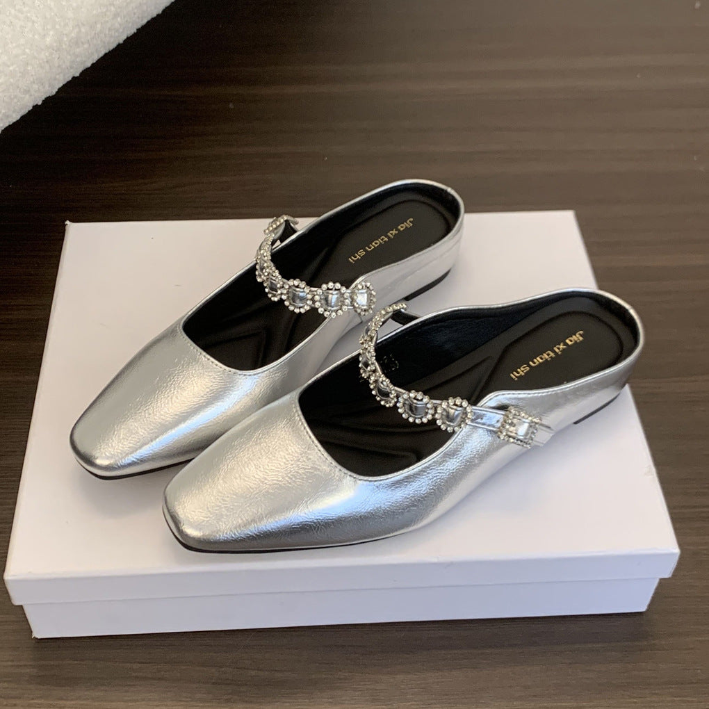 Dame elegante blokhæl-slingback-mules med dekorativt strassbånd Stilla
