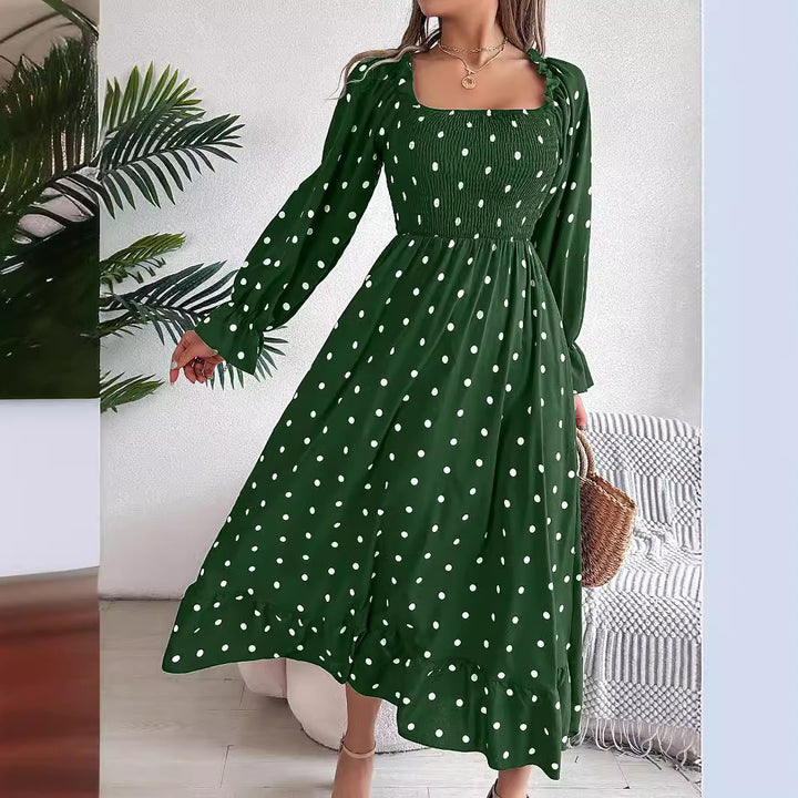 Dame Langærmet Midikjole med Polka-Dots og Flæsekant Stilla