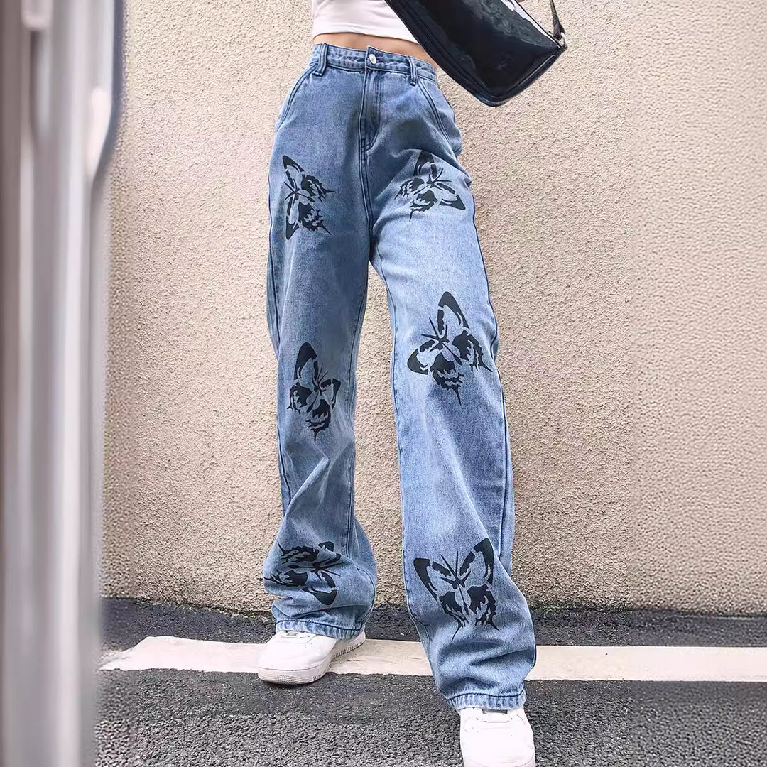 Dame bred jeans i original trykdesign Stilla