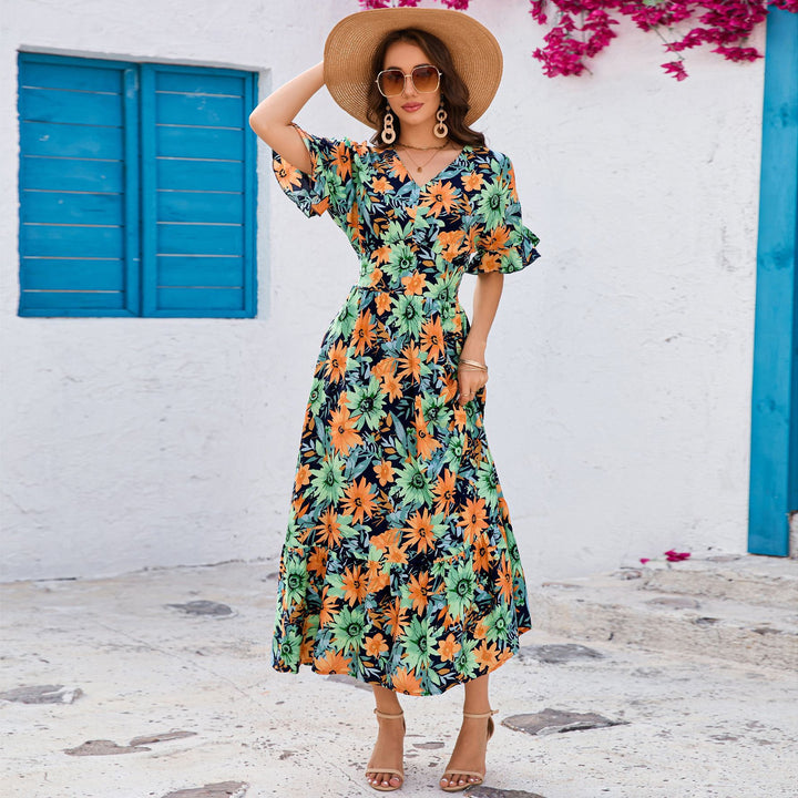 Dame Floral Print Maxikjole med flatterende V-udskæring og flydende ærmer Stilla
