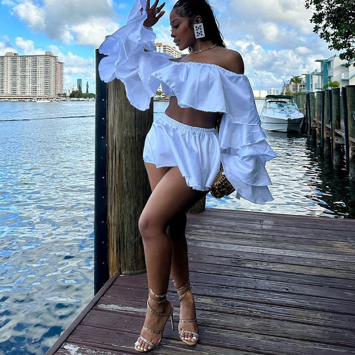 Damer Elegant Off-Shoulder Sæt med Volanter og Skørt Stilla