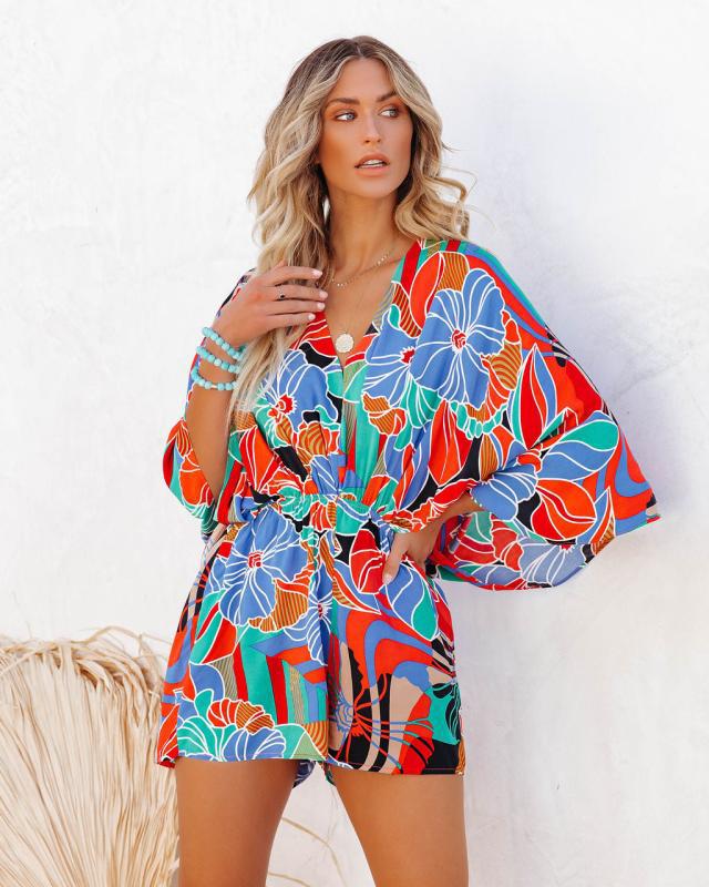 Dame Floral Print Bælte Dyr Kimono Overall Stilla