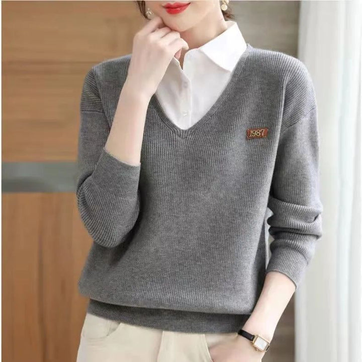 Kvinders elegante V-hals sweater med skjortekrave Stilla