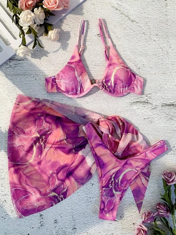 Dame Floral Print Bikini Sæt med matchende Wrap Skirt Stilla