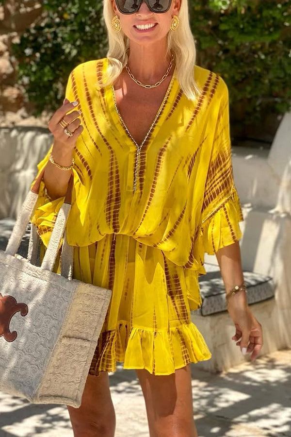 Dame Sommerligt Kaftan-Kjole med flydende snit og flæse-detaljer Stilla