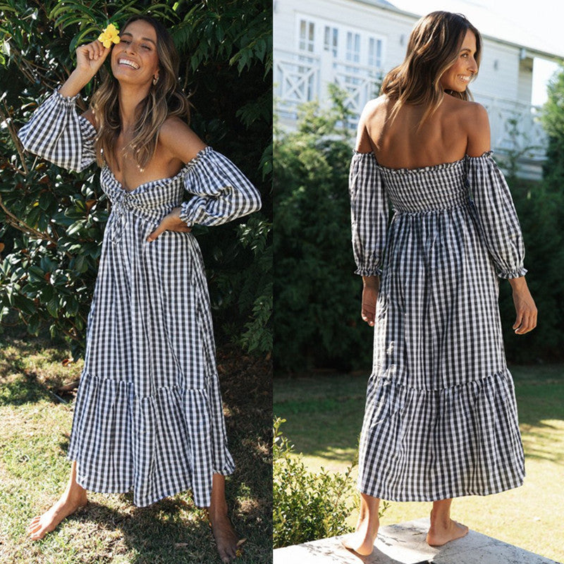 Dame Off-Shoulder Maxikjole med legende flæsedetaljer og ternet mønster Stilla