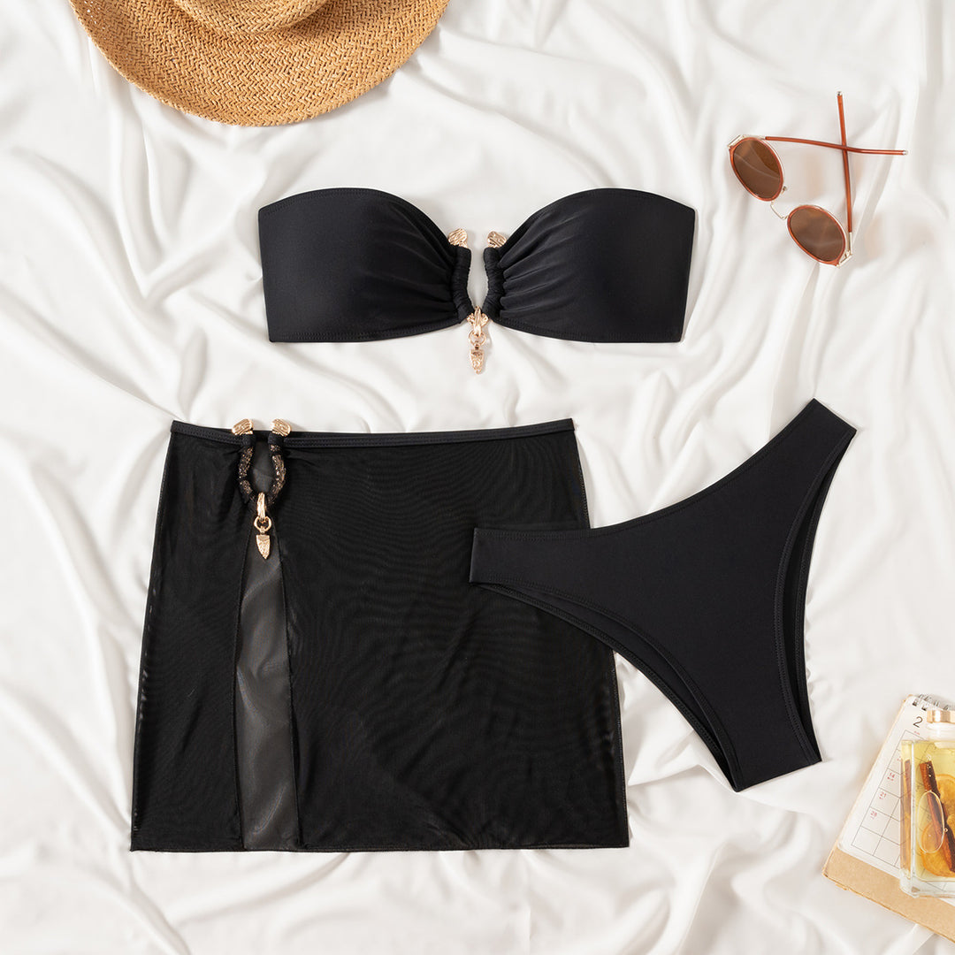 Dame Bandeau-bikini sæt med elegant nederdel-overlay Skovae