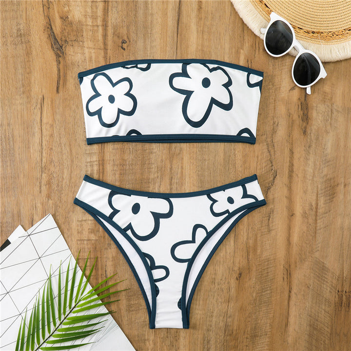 Dame bandeau-bikini med blomstermønster og høj skæring Skovae