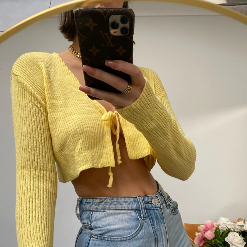 Damer afslappet cropped strik top med bindebånd Stilla