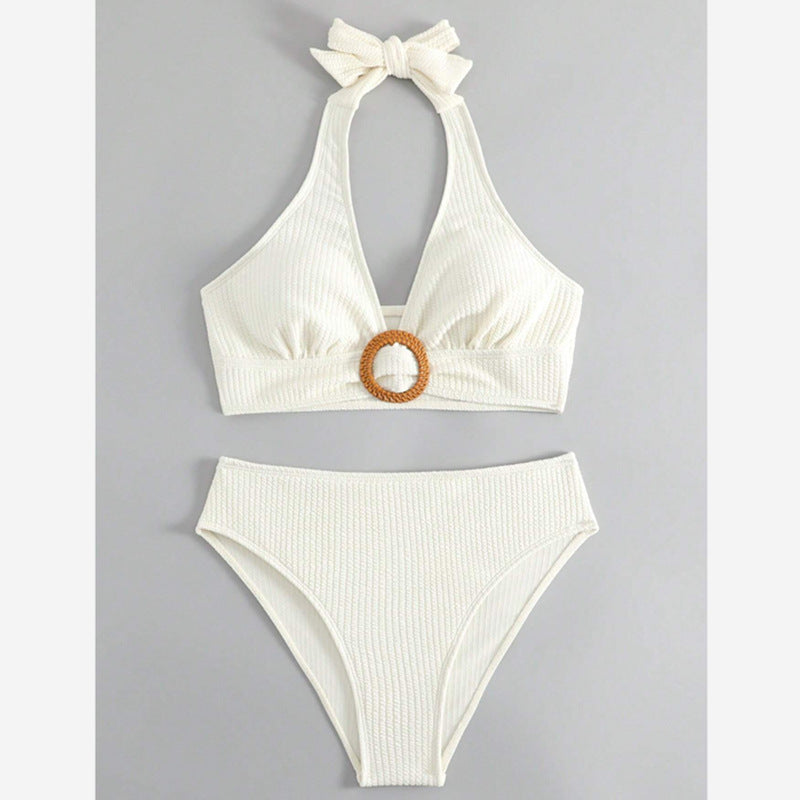 Femme Højkrave Rib-Halter Bikini Sæt Stilla