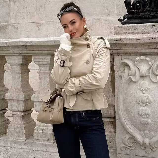 Dame Mode Trench Coat med Asymmetrisk Knapliste og Talje Bælte Stilla