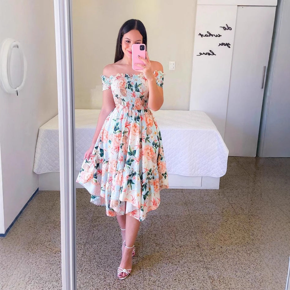 Dame Midikjole med off-shoulder skæring og blomsterdesign Stilla