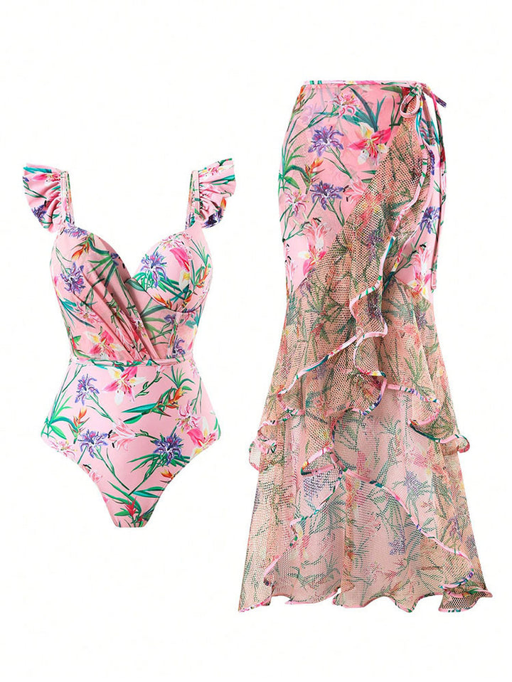 Dame One-Piece Badedragt med Rynkedetaljer og Floral Indpakningsskørt Skovae