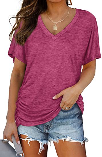 Dame afslappet V-hals T-shirt med rynker Stilla