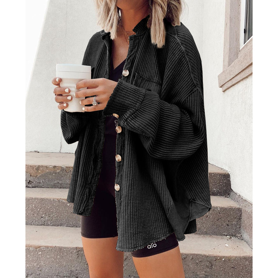 Dame Oversized Vaffel-Strikjakke med Knapdetaljer Stiila