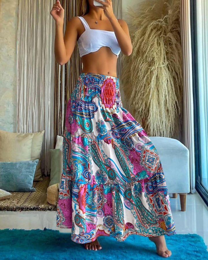 Dame maxilangt skirt med blomster mønstre og elastisk talje Stilla