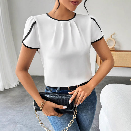 Dame elegant kortærmet bluse skjorte med moderne kontrastdetaljer Stilla