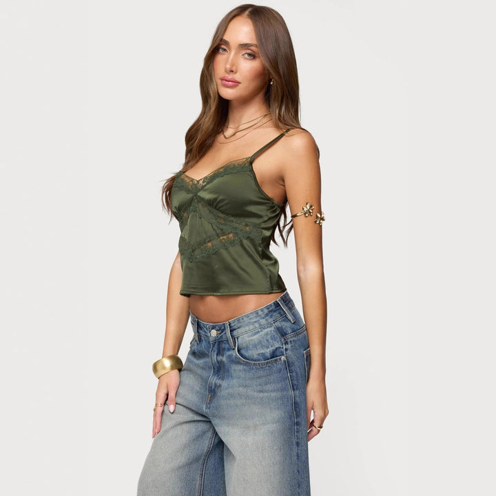 Damer Elegant Satin-Cami-Top med Spidsudsmykninger Skovae