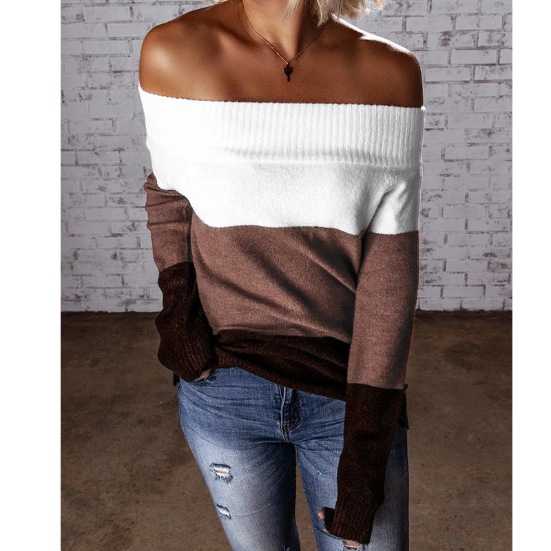 Dame skulderfri strikpullover med moderne farveblokdesign Stilla