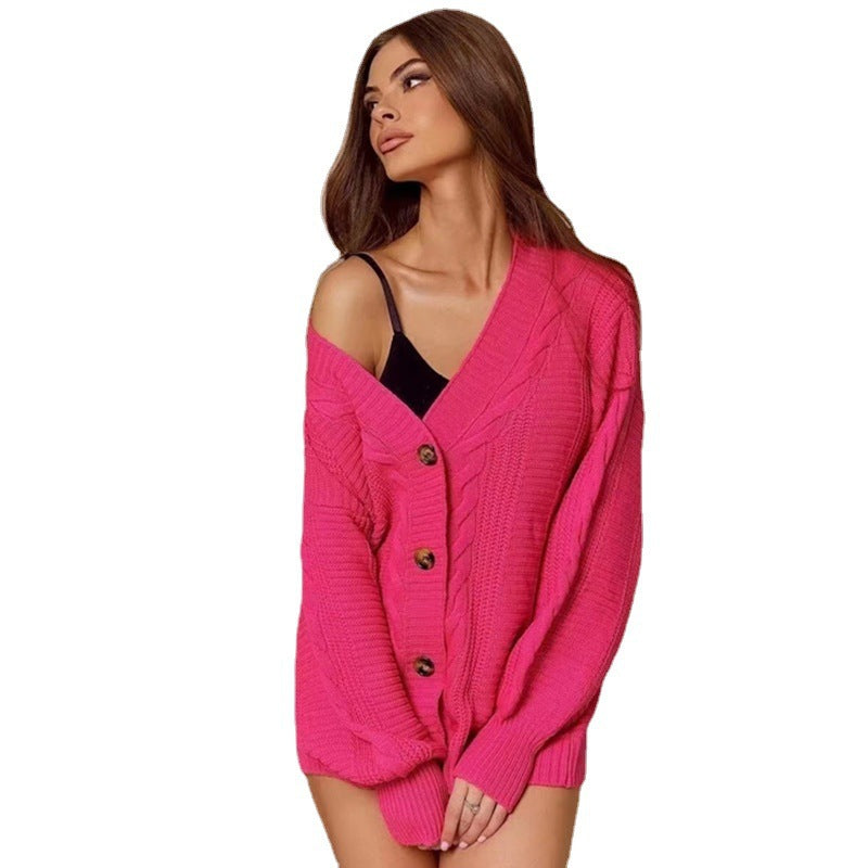 Dame cardigan med dyb V-hals og store knapper Stilla