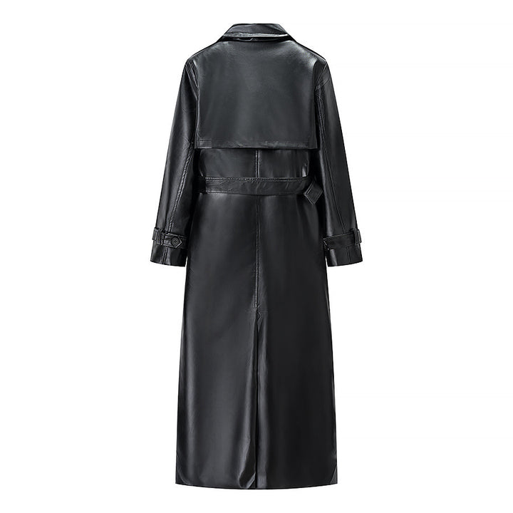 Damer Elegant Faux Læder Trench Coat med Stilfuld Bælte og Praktiske Lommer Stilla
