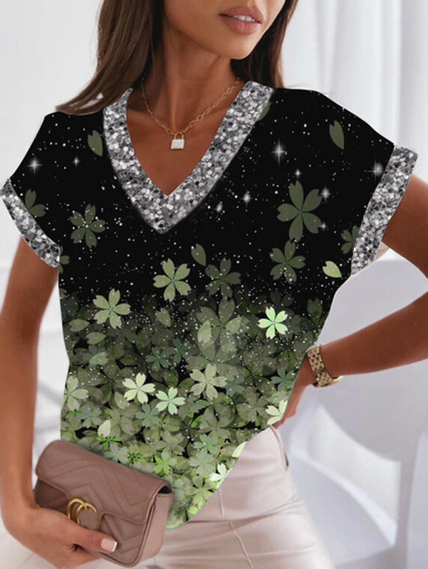Stilla | Trendy Print V-Hals Batwing Ærme T-shirt