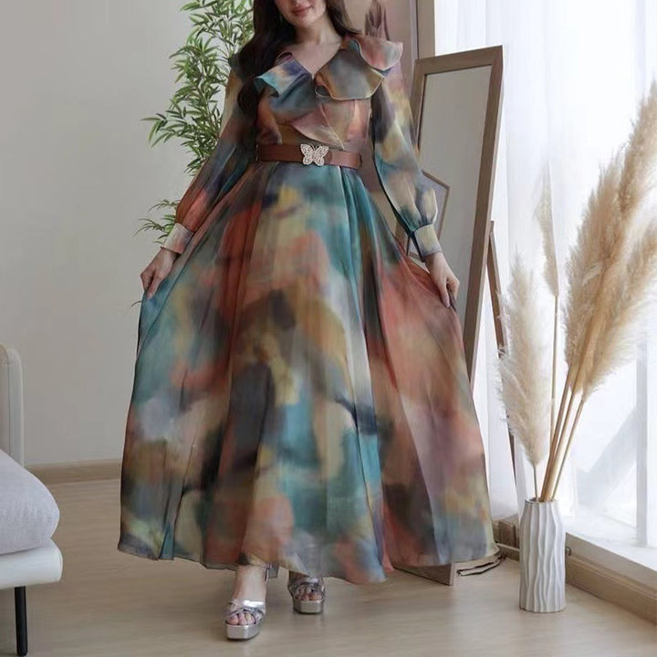 Dame Elegant Maxikjole med flydende stof og romantisk flæse Stilla