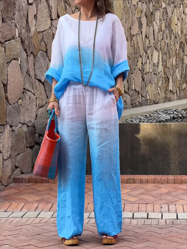 Dame linned loungewear-sæt med elegant ombre-effekt og brede bukser Stilla
