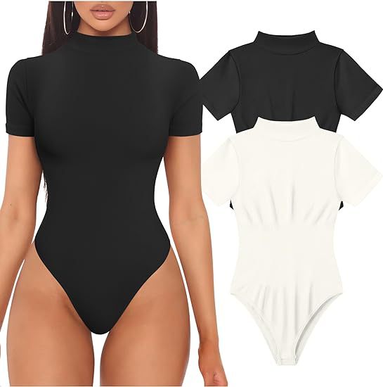Dame kortærmet bodysuit med høj hals og tætsiddende snit Stilla