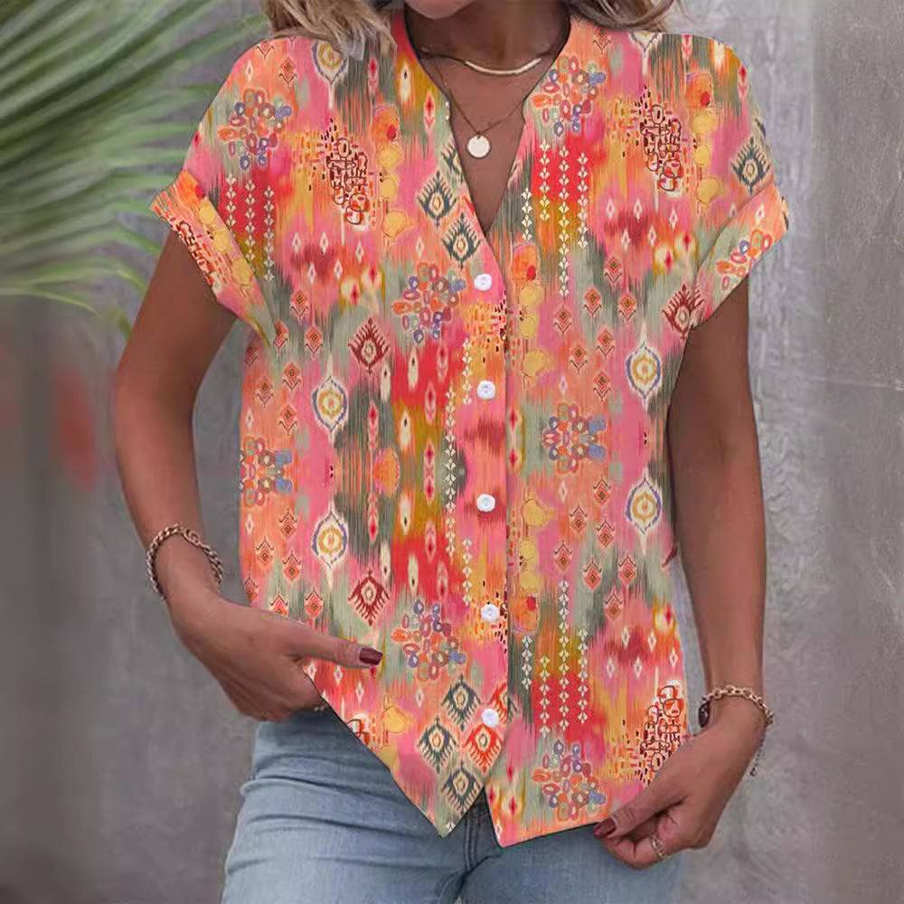 Dame kortærmet bluse med kunstnerisk Ikat-design Stilla