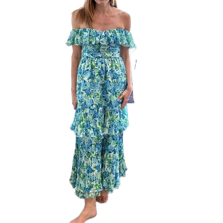Dame Maxikjole med voluminøse flæser og Off-Shoulder-udskæring Stilla